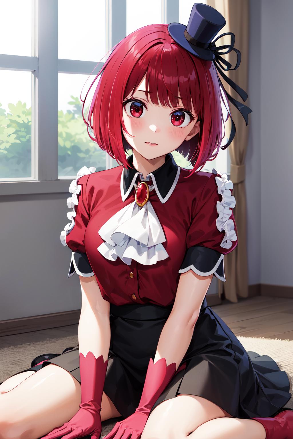 Anime girl with red hair and black dress sitting on the floor（arima ...