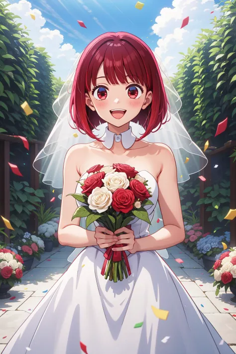 masterpiece, best quality, highres, aakana, aakana, short hair, red eyes,<lora:arima_kana_v1:0.7>,wedding dress, white dress, garden, holding bouquet, smile, open mouth, confetti,