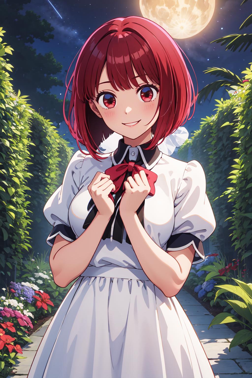 Anime girl in a white dress with red hair and a black tie - SeaArt AI