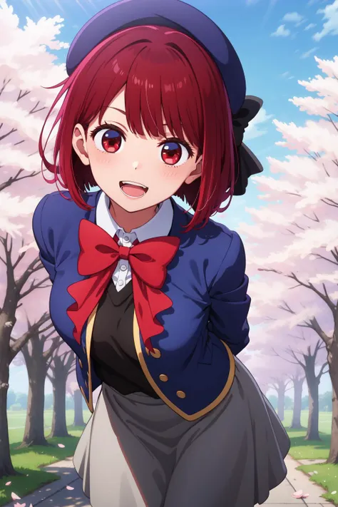 masterpiece, best quality, highres, looking at viewer, aakana, aakana, short hair, beret, red eyes, blue headwear, red bowtie, collared shirt, blue jacket, open jacket, long sleeves, grey skirt, <lora:arima_kana_v1:0.7>, smile, open mouth, standing, leaning forward, arms behind back, outdoors, cherry blossoms,