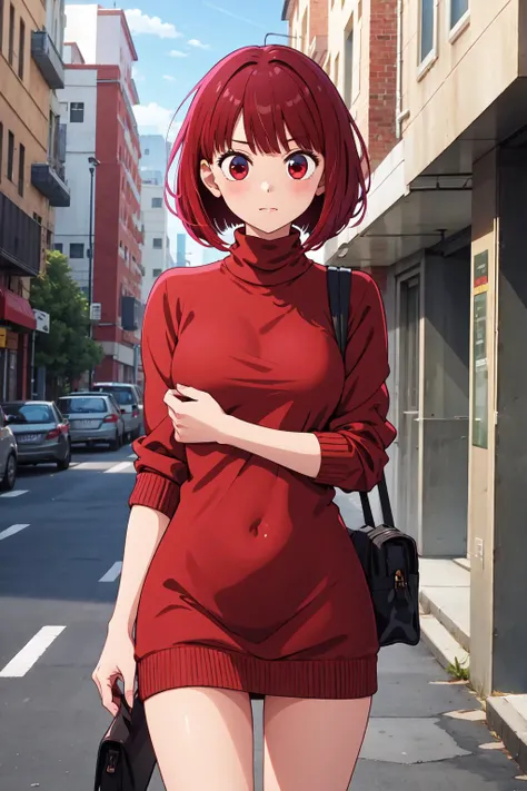 masterpiece, best quality, highres, aakana, aakana, short hair, red eyes,<lora:arima_kana_v1:0.7>, sweater dress, turtleneck, virgin killer sweater, standing, cowboy shot, street,