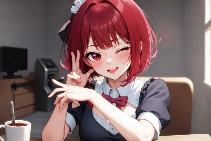 masterpiece, best quality, absurdres, <lora:arima_kana_v1:0.7> aakana, short hair, red eyes, looking at viewer, (detailed eyes, tsurime:1.1) <lora:Tsurime:0.75>, <lora:ddw_v1:0.75> wink, one eye closed, playful smile, , nice hands, perfect hands, Beautiful Finger, <lora:GoodHands-beta2:1>, maid, maid headdress, , maid apron, ,
BREAK modern cafe, coffee mill, coffee maker, hot coffee, table, (Deep Depth Of Field:1.2), (perfect anatomy), Full Body, Volumetric Lighting