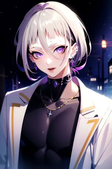 (best quality:1.1), (masterpiece:1.4), wallpaper, looking at viewer, , depth of field, ligne claire, , 1boy, solo, male focus, <lora:ryuu_natsume:0.88>, ryuu_natsume, grey hair, purple eyes, multicolored hair, , earrings, , piercing, vampire costume, The Isle of Doom,