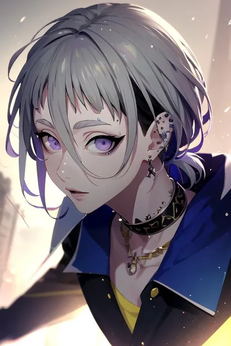 photorealistic, (4k), depth of field, (Masterpiece), (realistic skin texture), extremely detailed, intricate, hyper detailed, high resolution, professional photography, , depth of field, sharp detail, best quality, looking at viewer, 1boy, solo, male focus, <lora:ryuu_natsume:0.82>, ryuu_natsume, grey hair, purple eyes, , choker, , , piercing, , aztec, 4k resolution