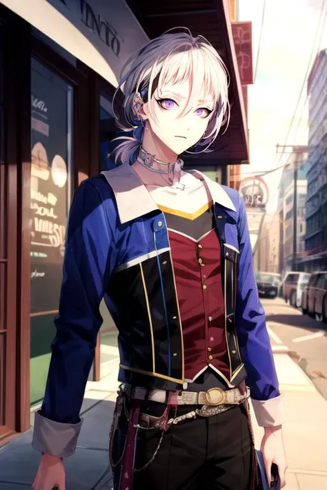 (best quality:1.1), (masterpiece:1.4), , , upper body, , anime coloring, , 1boy, solo, male focus, <lora:ryuu_natsume:0.96>, ryuu_natsume, grey hair, purple eyes, , cowboy costume, dieselpunk, HD-DVD