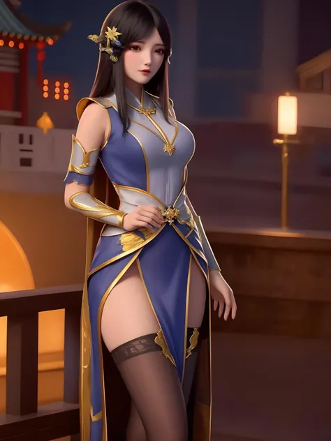 1girl,mature female, looking at viewer, cityscape, night,long hair, hair ornament, parted bangs, dress,cowboy shot, thighhighs, jewelry,chinese clothes, disgust, collar, arms behind back, <lora:DPCQliufei_20230731144143:0.75>