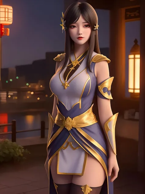 1girl,mature female, looking at viewer, cityscape, night,long hair, hair ornament, parted bangs, dress,cowboy shot, thighhighs, jewelry,chinese clothes, disgust, collar, arms behind back, <lora:DPCQliufei_20230731144143:0.75>