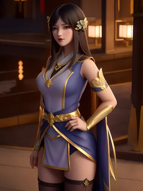 1girl,mature female, looking at viewer, cityscape, night,long hair, hair ornament, parted bangs, dress,cowboy shot, thighhighs, jewelry,chinese clothes, disgust, collar, arms behind back, <lora:DPCQliufei_20230731144143:0.75>