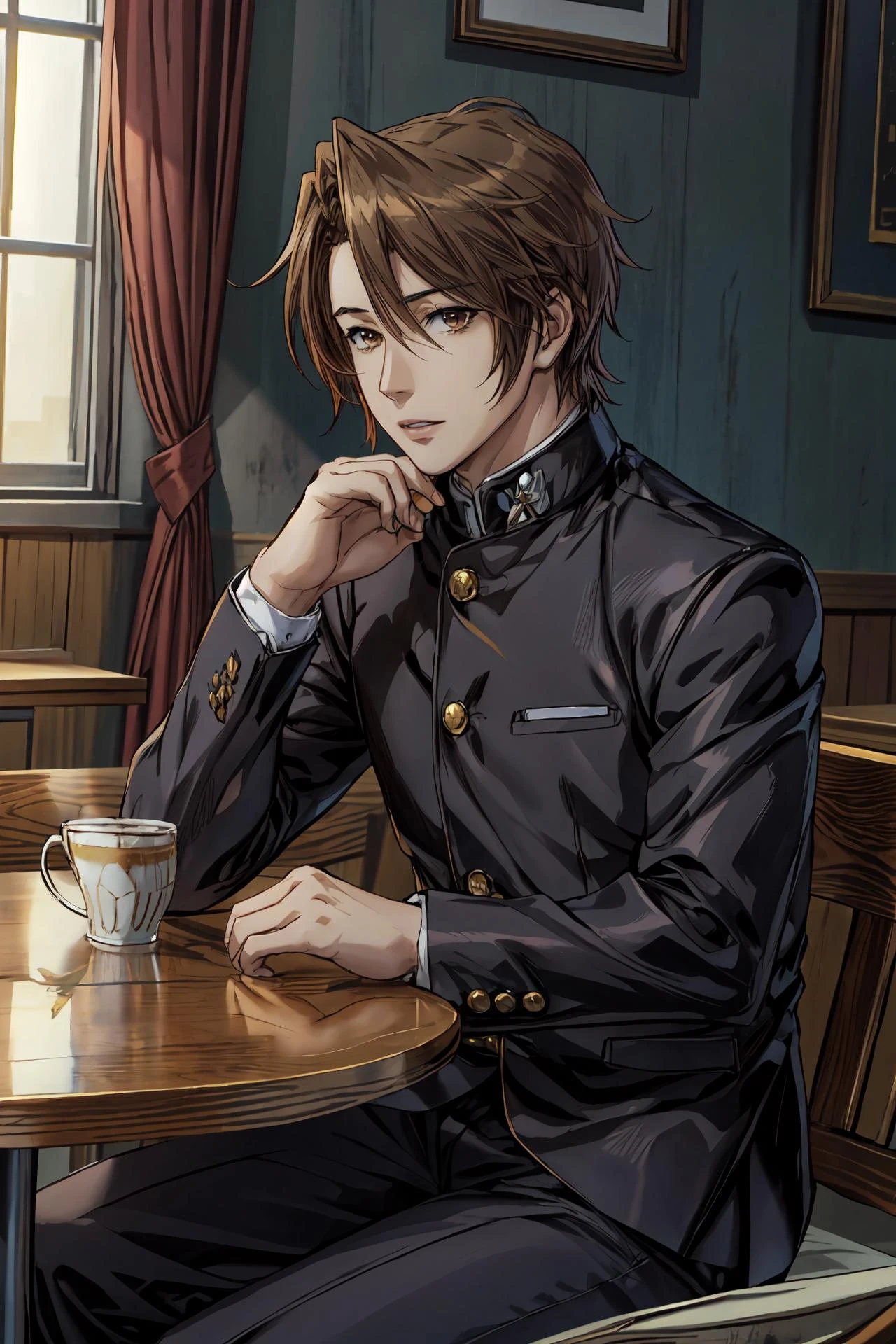 (masterpiece),best quality, <lora:ItsukiKoizumi:0.85>, Itsuki, gakuran, sitting in a cafe, beautiful face, sunlight, <lora:Adddetail:0.7>