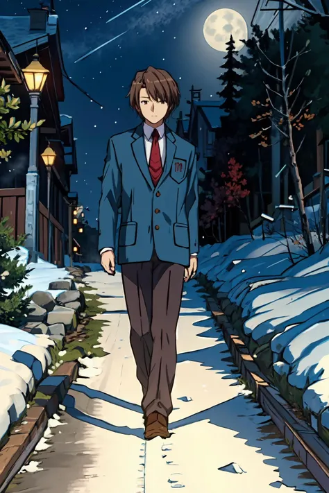 (masterpiece),best quality, <lora:ItsukiKoizumi:0.9>, Itsuki, winter uniform, blazer, brown pants, necktie, remote district, winter,snow, walking, street, ((harsh ascent)), side tree, fog, (night), stars, looking at the viewer, <lora:Adddetail:0.7>, (full shot:1.1)