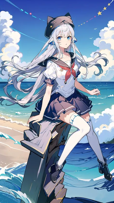 masterpiece, best quality,rotaenoilot, <lora:IlotRotaenoV1.0:0.8>, full body,1girl, solo, thighhighs, blue eyes, hat, long hair, white thighhighs,looking at viewer, short sleeves, bangs, sitting, skirt, black footwear, boots, white dress, dress, sailor collar,black headwear, collarbone, neckerchief, pleated skirt, breasts, zettai ryouiki, animal hat, hair ornament, grey hair, sitting on beach, ocean background