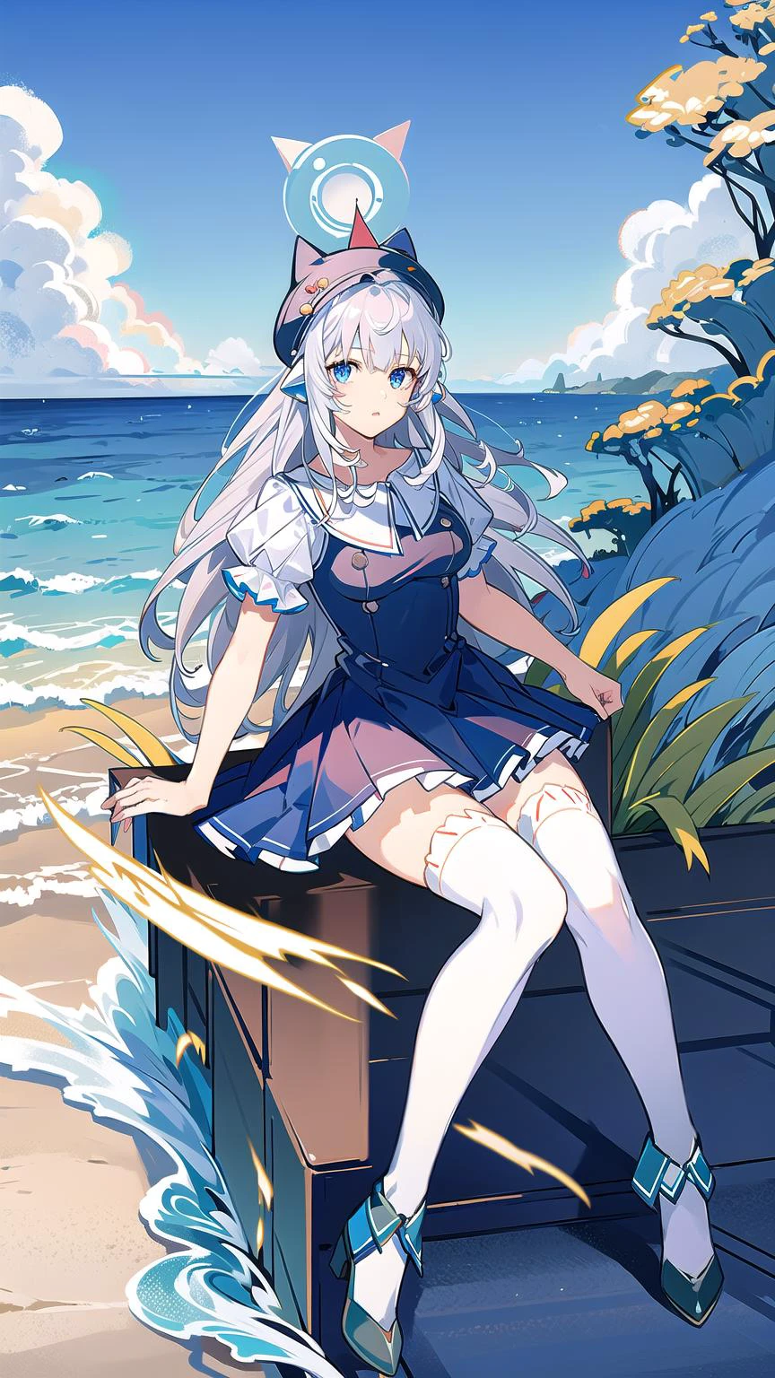 masterpiece, best quality,rotaenoilot, <lora:IlotRotaenoV1.0:0.8>, full body,1girl, solo, swimsuit, blue eyes, hat, long hair, white thighhighs,looking at viewer,, bangs, sitting,black headwear, breasts, animal hat, hair ornament, grey hair, sitting on beach, ocean background
