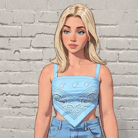 pale blue bandana top, 1girl, blonde hair, <lora:bandana_top:0.65>