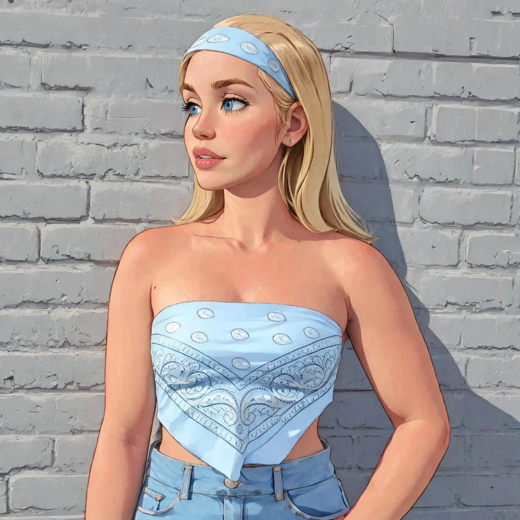 pale blue bandana top, 1girl, blonde hair, <lora:bandana_top:0.65>