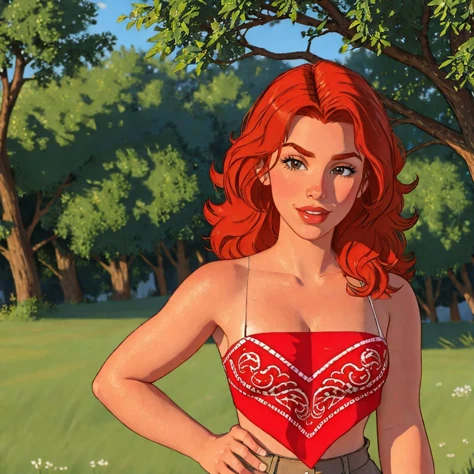 red bandana top, 1girl, ginger hair, <lora:bandana_top:0.65>
