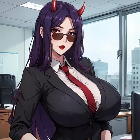 <lora:KijouYasha_UG_v01:0.7> KijouYasha, purple hair, red eyes, red lips, very long hair, large breasts, detailed, hair ornament, oni horns, looking at viewer, black suit, tie, collared shirt, professional, sunglasses, office building