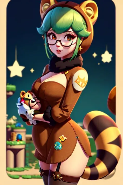 Highly detailed, High Quality, Masterpiece, (1girl, solo:1.4), (Tanooki:1.4), raccoon tail, tail, animal costume, <lora:Tanooki_Outfit-06:0.7>, (cowboy shot:1.2), sucrose \(genshin impact\), <lora:Char_GenshinImpact_Sucrose:0.65>, green hair