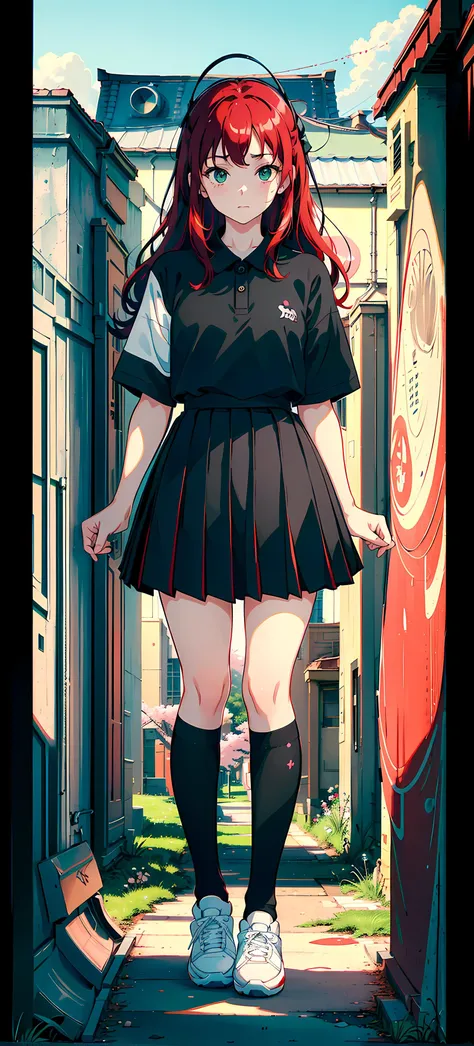 masterpiece, slight smile ,1girl ,(full body), sneakers, long red hair, 8k uhd, film grain, (1girl),green eyes, cherry blossom tree, (over the knee socks), lake, black polo, (black box pleats skirt), colorfull