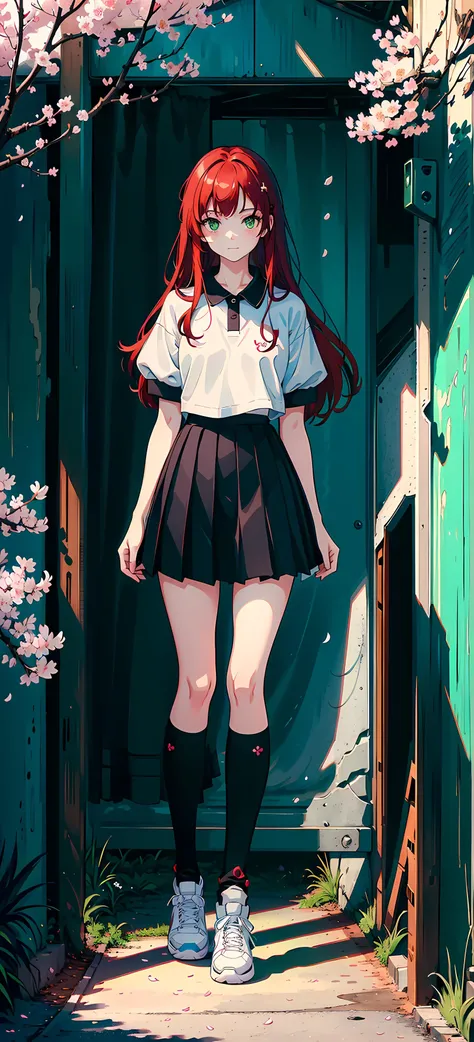 masterpiece, slight smile ,1girl ,(full body), sneakers, long red hair, 8k uhd, film grain, (1girl),green eyes, cherry blossom tree, (over the knee socks), lake, black polo, (black box pleats skirt), colorfull