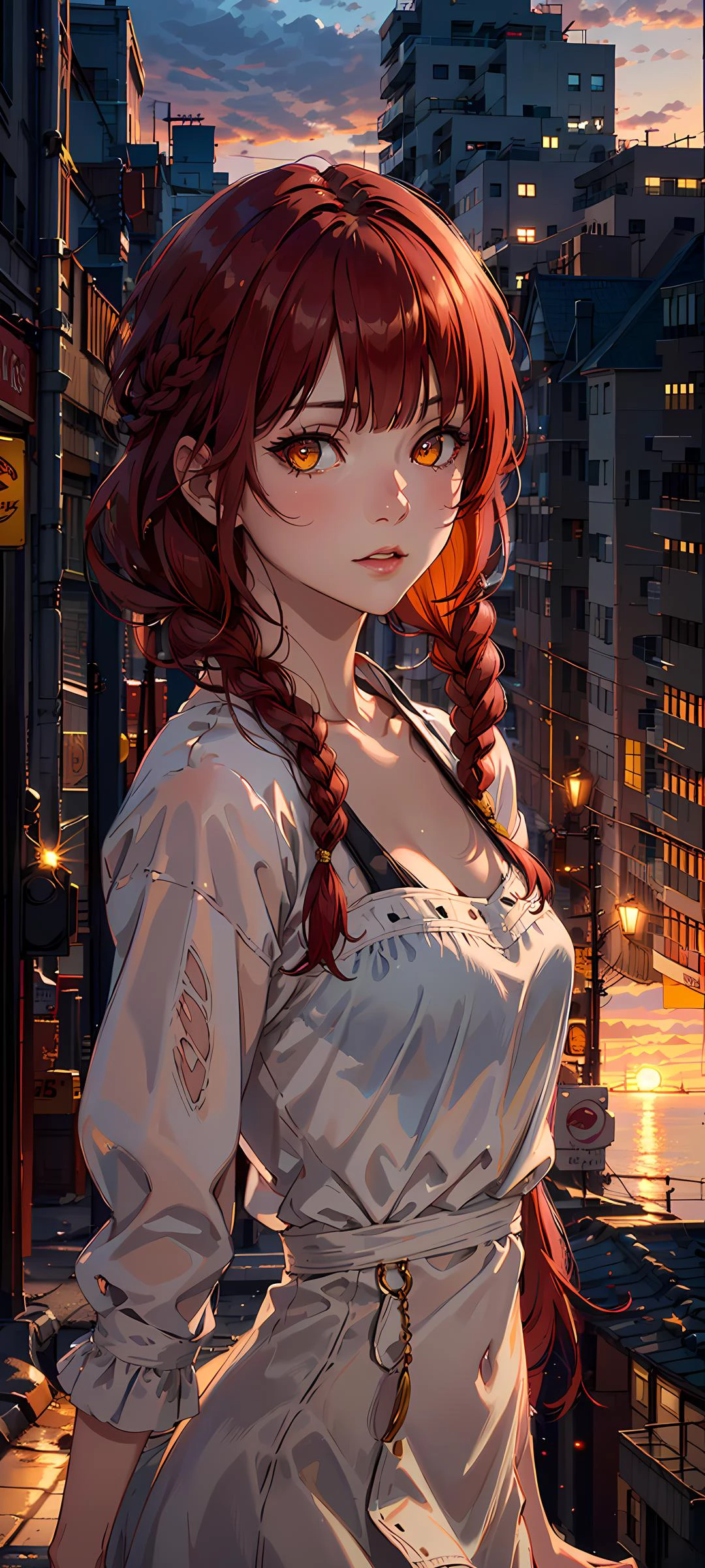 masterpiece, (photorealistic:1.4),1girl, best quality, beautiful lighting, ((red hair))+(long braided hair)+(bangs), yellow eyes, golden eyes, (ringed eyes), RAW photo, 8k uhd, film grain, (1girl), city, (dress), sunset, <lora:Violet:0.2>