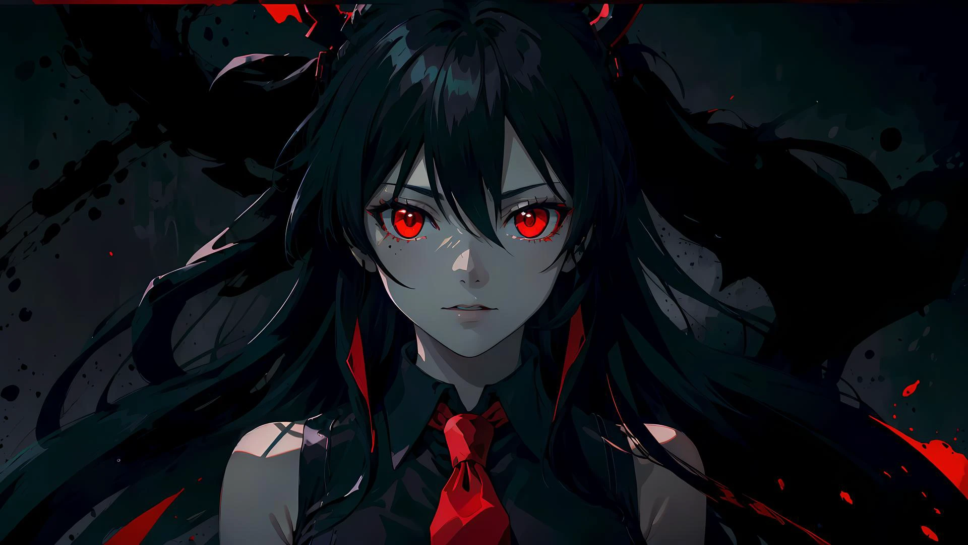 akame, \(akame ga kill!\), highres, highest quallity, ultra detailed, (detailed face), (detailed eyes), best quality, hyper detailed, masterpiece, 1girl, solo, (black hair), long hair, (black collared shirt), red necktie, (sleeveless),black skirt, luminous eyes, (red eyes), medium breasts, (high contrast), ((black background)), backlighting <lora:agk_akame-10:0.55>