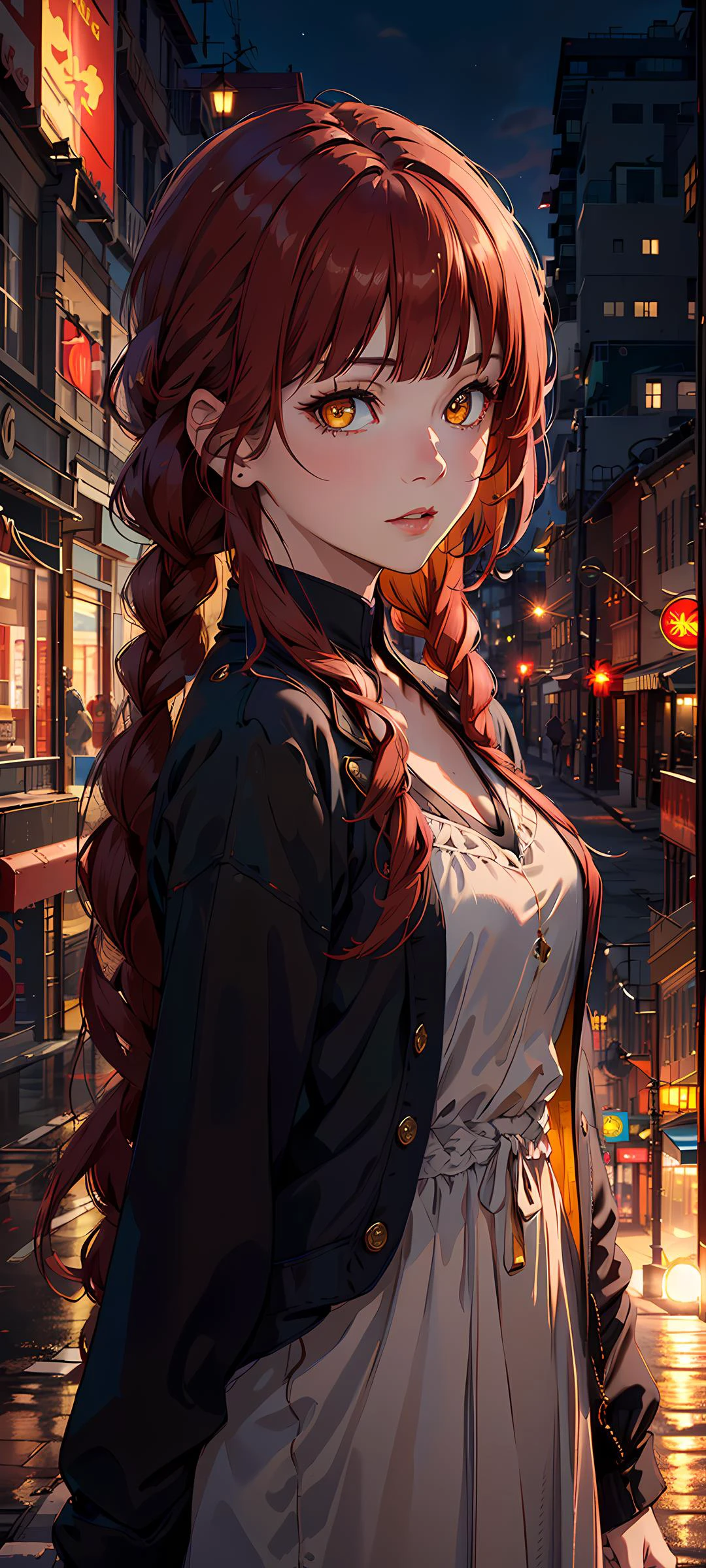 masterpiece, (photorealistic:1.4),1girl, best quality, beautiful lighting, ((red hair))+(long braided hair)+(bangs), yellow eyes, golden eyes, (ringed eyes), RAW photo, 8k uhd, film grain, (1girl), city, (dress), sunset, <lora:Violet:0.2>