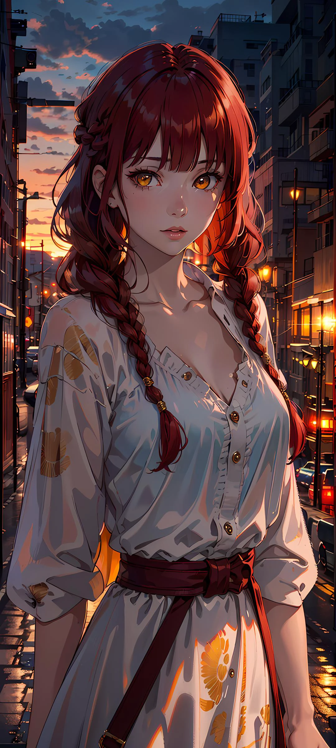 masterpiece, (photorealistic:1.4),1girl, best quality, beautiful lighting, ((red hair))+(long braided hair)+(bangs), yellow eyes, golden eyes, (ringed eyes), RAW photo, 8k uhd, film grain, (1girl), city, (dress), sunset, <lora:Violet:0.2>