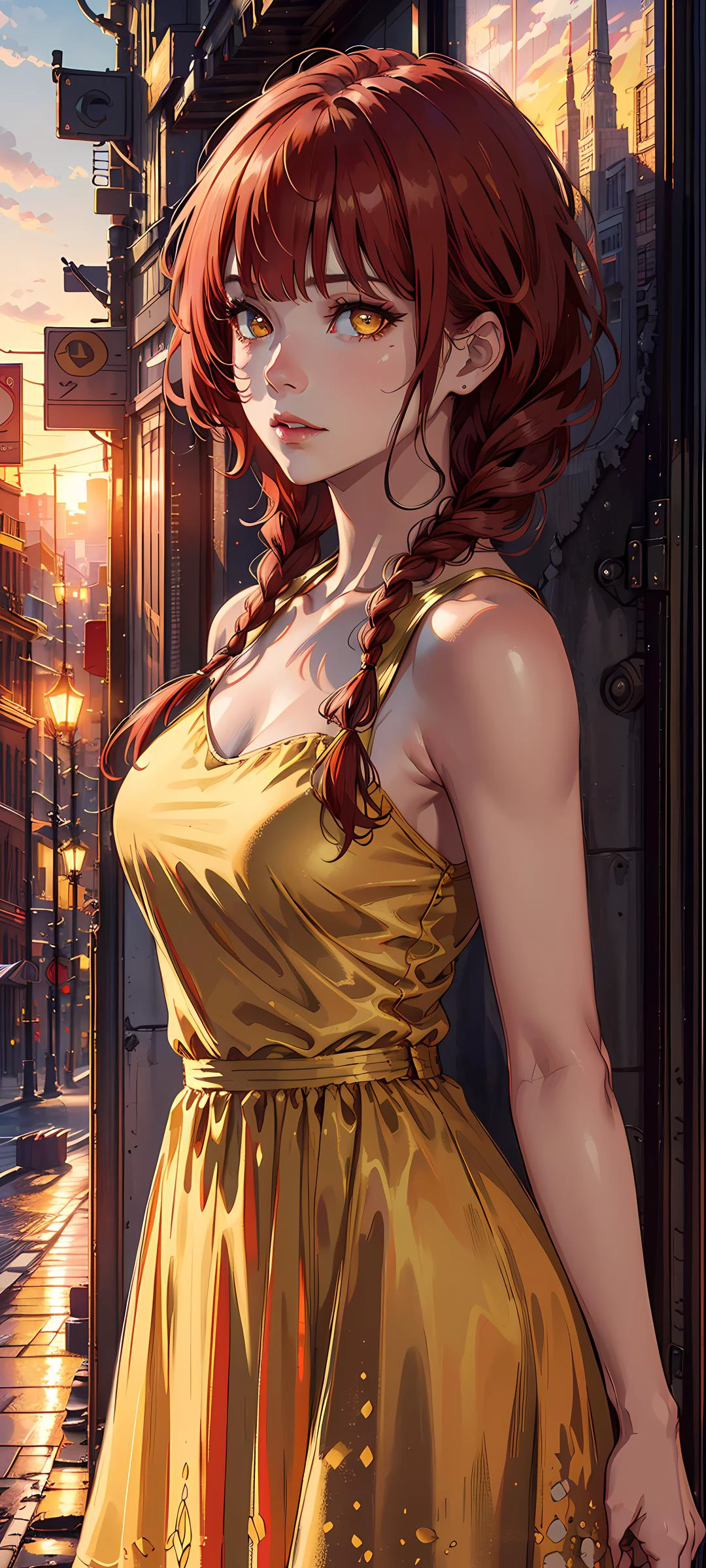 masterpiece, (photorealistic:1.4),1girl, best quality, beautiful lighting, ((red hair))+(long braided hair)+(bangs), yellow eyes, golden eyes, (ringed eyes), RAW photo, 8k uhd, film grain, (1girl), city, (golden dress), sunset, <lora:Violet:0.1>