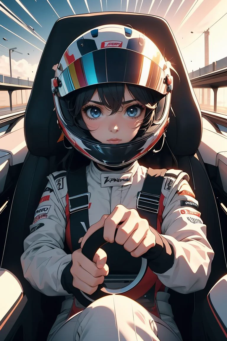 (masterpiece, best quality), 1girl, <lora:girllikeformularacing:0.8> driving a formula racing, fingers on steering wheel, sitting on driver's seat, sharp eyes, helmet, uniform, speed lines, electricity, spiral wind