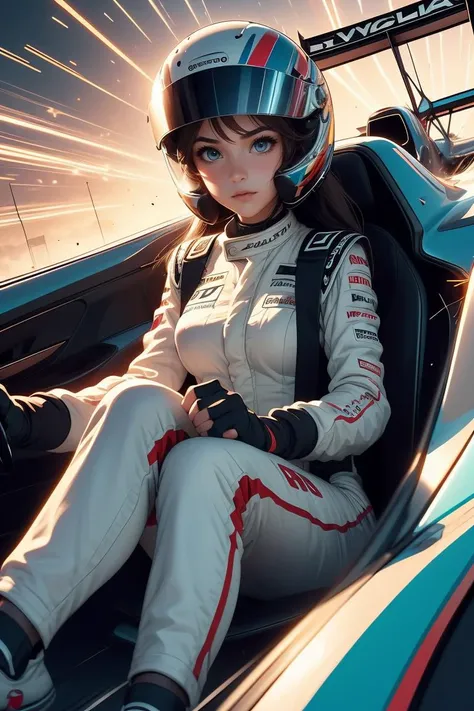 (masterpiece, best quality), 1girl,    <lora:girllikeformularacing:0.8> driving a formula racing, fingers on steering wheel, sitting on driver's seat, sharp eyes, helmet, uniform, speed lines, electricity, spiral wind