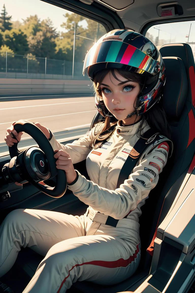 (masterpiece, best quality), 1girl, <lora:girllikeformularacing:0.8> driving a formula racing, fingers on steering wheel, sitting on driver's seat, sharp eyes, helmet, uniform, speed lines, electricity, spiral wind