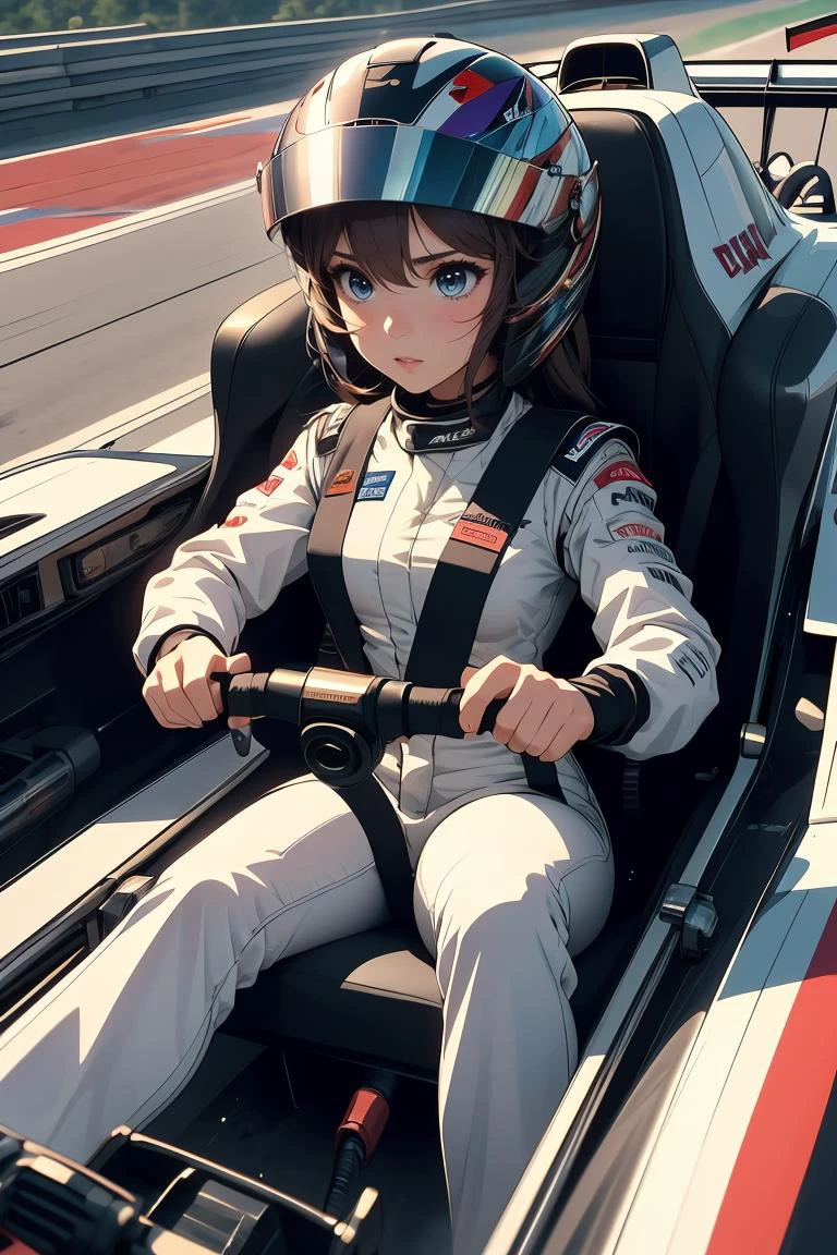 (masterpiece, best quality), 1girl, <lora:girllikeformularacing:0.8> driving a formula racing, fingers on steering wheel, sitting on driver's seat, sharp eyes, helmet, uniform, speed lines, electricity, spiral wind