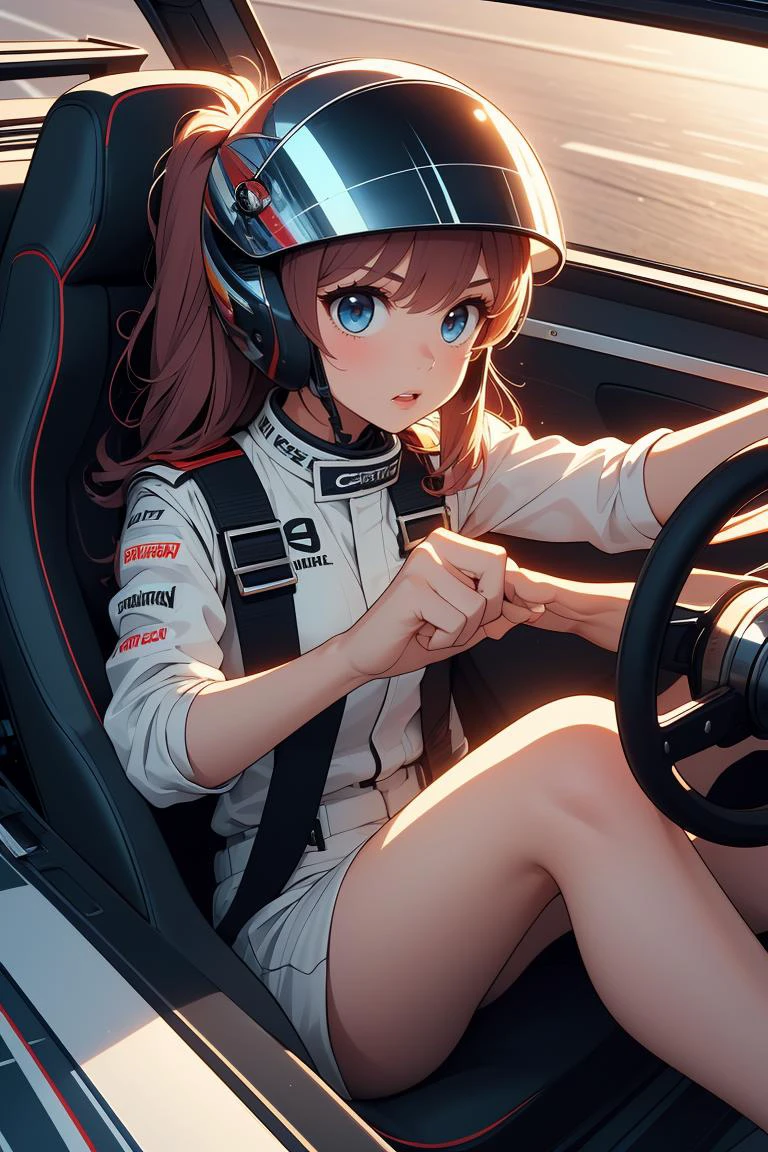 (masterpiece, best quality), 1girl, <lora:girllikeformularacing:0.8> driving a formula racing, fingers on steering wheel, sitting on driver's seat, sharp eyes, helmet, uniform, speed lines, electricity, spiral wind