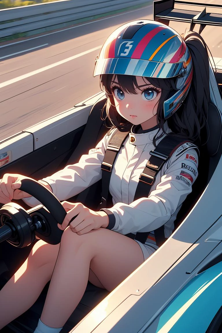 (masterpiece, best quality), 1girl, <lora:girllikeformularacing:0.8> driving a formula racing, fingers on steering wheel, sitting on driver's seat, sharp eyes, helmet, uniform, speed lines, electricity, spiral wind