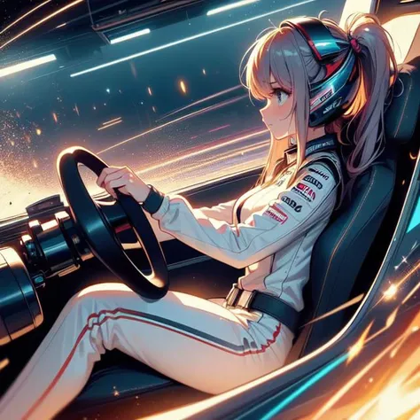 (((masterpiece))), (((best quality))), (((from side))), (((driving a formula racing))), ((fingers on (steering wheel))), sitting on cockpit, sharp eyes, helmet, uniform, speed lines, electric current, spiral wind, neon lights, dust, spark, shards, solo, 1girl, big tits, updo, sweat, slim figure, big turn, <lora:girllikeformularacing_v20:1>