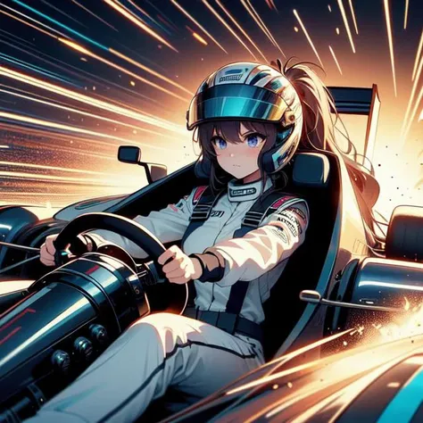 (((masterpiece))), (((best quality))), (((from front))), (((driving a formula racing))), ((fingers on (steering wheel))), sitting on cockpit, sharp eyes, helmet, black jacket, black uniform, speed lines, electric current, spiral wind, neon lights, dust, spark, shards, solo, 1girl, big tits, updo, sweat, slim figure, big turn, (((countless racing car))), <lora:girllikeformularacing_v20:1>