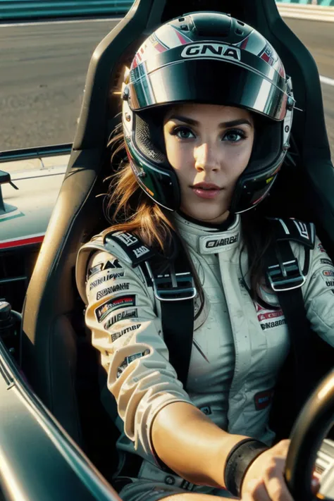 (((driving a formula racing))), ((fingers on (steering wheel))), ((sitting on cockpit)), ((sharp eyes)), ((helmet)), 1girl, photo of a woman driving, holding steering wheel, racecar driver, go-kart, <lora:girllikeformularacing_v20-302705:1>, 4k, analog, sports,