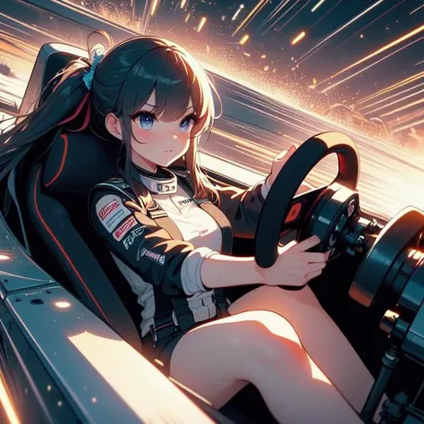 (((masterpiece))), (((best quality))), (((from front))), (((driving a formula racing))), ((fingers on (steering wheel))), sitting on cockpit, sharp eyes, helmet, black jacket, black uniform, speed lines, electric current, spiral wind, neon lights, dust, spark, shards, solo, 1girl, big tits, updo, sweat, slim figure, big turn, <lora:girllikeformularacing_v20:1>