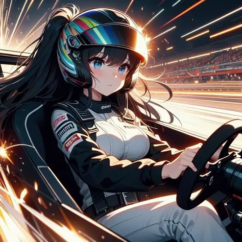 (((masterpiece))), (((best quality))), (((drifting))), (((driving a formula racing))), ((fingers on (steering wheel))), ))sitting on cockpit)), ((sharp eyes)), ((helmet)), ((dark black jacket)), (((light black uniform)), ((speed lines)), ((electric current)), ((spiral wind)), ((neon lights)), ((dust)), ((spark)), ((shards)), 1girl, big tits, black longhair, sweat, slim figure, big turn,<lora:girllikeformularacing_v20:1>