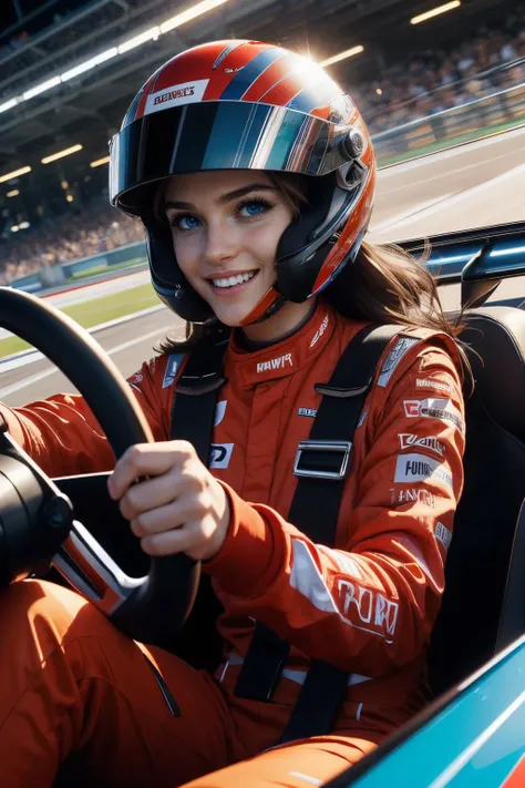 driving a formula 1, fingers on steering wheel, sitting, red uniform,helmet, speed lines, neon lighting, high quality, masterpiece,  <lora:girllikeformularacing_v20:.8> 
 <lora:Julia:.7>, brown hair, blue eyes, looking at viewer, smiling,