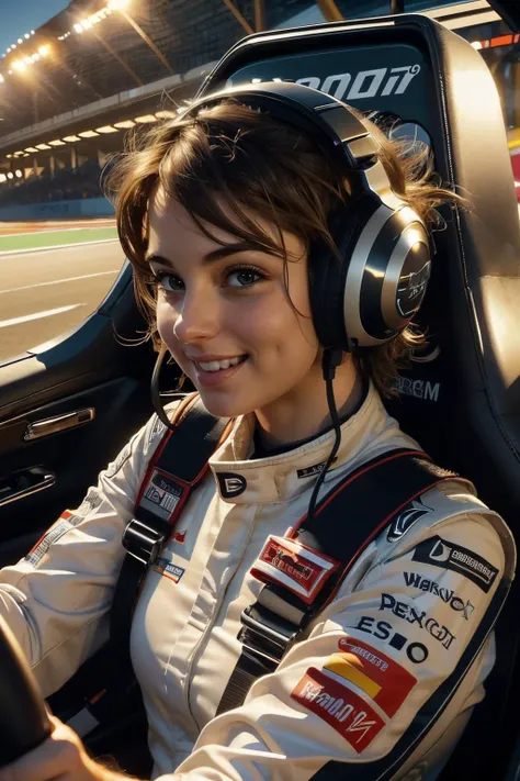 driving a formula 1, fingers on steering wheel, sitting, uniform, headset, speed lines, neon lighting, high quality, masterpiece,  <lora:girllikeformularacing_v20:.8> 
 <lora:Erica:.7>, short brown hair, brown eyes, looking serious, smiling,