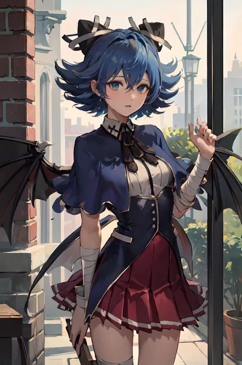 <lora:KuohAcademyUniformV3-000080:1> KuohAcademyUniform, red pleated skirt, white shirt, school uniform, black capelet, <lora:RtPL-SereneV3:0.9> serene_\(riviera\), black_headwear, bandages, short_hair,, ultra detailed, masterpiece, best quality,
