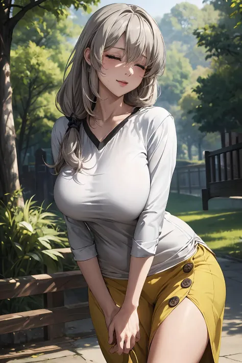 (masterpiece, best quality, unity 8k wallpaper, highres), ambient light, (ultra-super-beautiful-detailed hair face kind-eyes skin, very slender:1.5, perfect arm and hands, perfect anatomy), BREAK
 solo, 1milf, <lora:uzaki_tsuki:0.8>, <lora:more_details:0.3>, (vely-long sagging breasts:1.3), aatsuki, closed eyes, long hair, hair between eyes, bangs, hair over shoulder, shirt, white shirt, collarbone, long sleeves, long skirt, yellow skirt, buttons, shoes, grey footwear, BREAK
 outdoors, standing, A park with a lot of greenery, (cowboy shot:1.3, fucked silly:1.5)