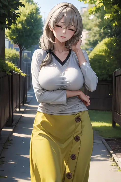 (masterpiece, best quality, unity 8k wallpaper, highres), ambient light, (ultra-super-beautiful-detailed hair face kind-eyes skin, very slender:1.5, perfect arm and hands, perfect anatomy), BREAK
 solo, 1milf, <lora:uzaki_tsuki:0.8>, <lora:more_details:0.3>, (vely-long sagging breasts:1.3), aatsuki, closed eyes, long hair, hair between eyes, bangs, hair over shoulder, shirt, white shirt, collarbone, long sleeves, long skirt, yellow skirt, buttons, shoes, grey footwear, BREAK
 outdoors, standing, A park with a lot of greenery, (cowboy shot:1.3, fucked silly)