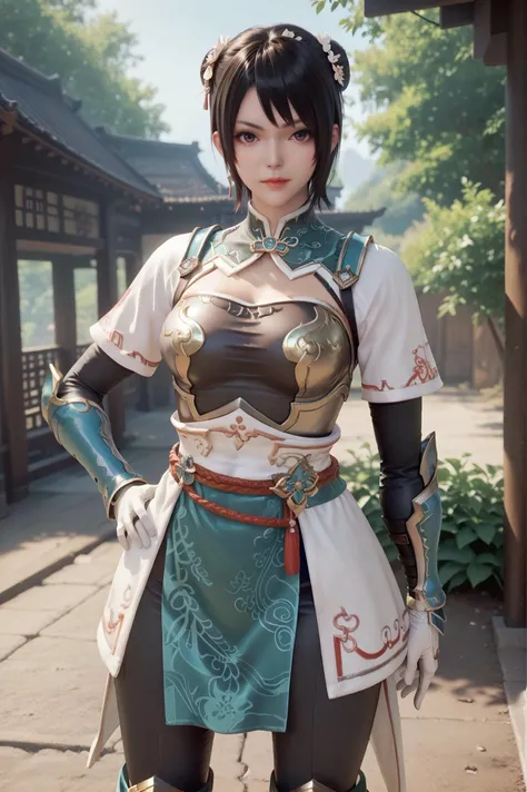 score_9, score_8_up, score_7_up, 1girl, solo, short hair, medium breast, looking at viewer, gloves, armor, outdoor, china style, hand on hip, <lora:Xingcai_Dynasty_Warrior:0.7>