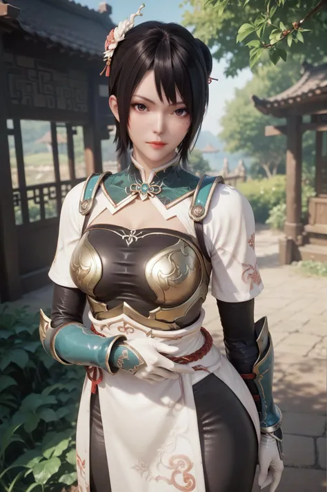score_9, score_8_up, score_7_up, 1girl, solo, short hair, medium breast, looking at viewer, gloves, armor, outdoor, china style, hand on arm, <lora:Xingcai_Dynasty_Warrior:0.7>