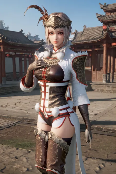 score_9, score_8_up, score_7_up, A woman standing with one foot on a chair, hands resting on her raised knee., <lora:Lu_Lingqi_Dynasty_Warriors:1>1 girl, solo, short hair, armor, gloves, helmet, feathers, fur trim, thighhighs, looking at viewer, east asian architecture