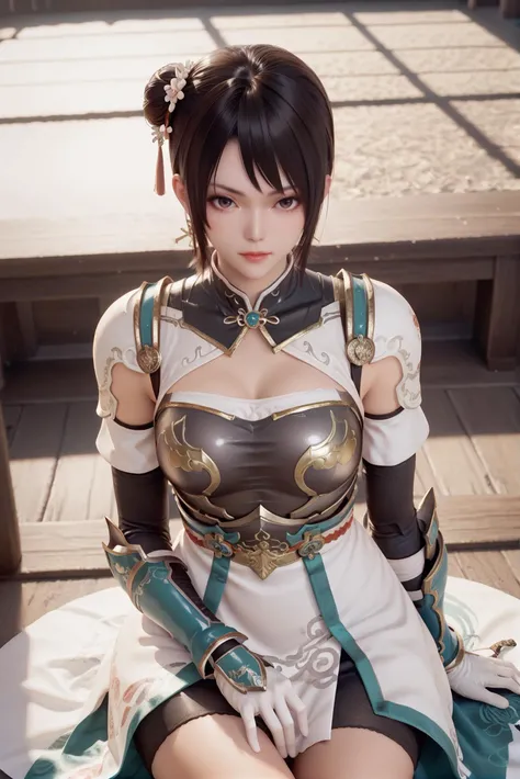 score_9, score_8_up, score_7_up, 1girl, solo, short hair, medium breast, looking at viewer, gloves, armor, side bun hair, sit down, china style, <lora:Xingcai_Dynasty_Warrior:0.7>