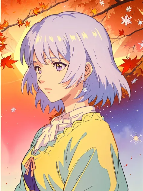 fana,1girl, short hair <lora:fana:1>,(sunset), (Title: Geometric Seasons, seasonal patterns, spring blossoms, sunlight, autumn leaves, (beautiful snowflakes), geometric landscapes, natural cycles, weather-inspired designs, color palettes, :1.1),masterpiece, best quality,