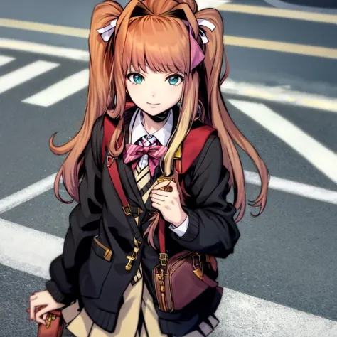 masterpiece, (Monika\(ddlc\):1.2), in shibuya, in the crosswalk, thick lineart